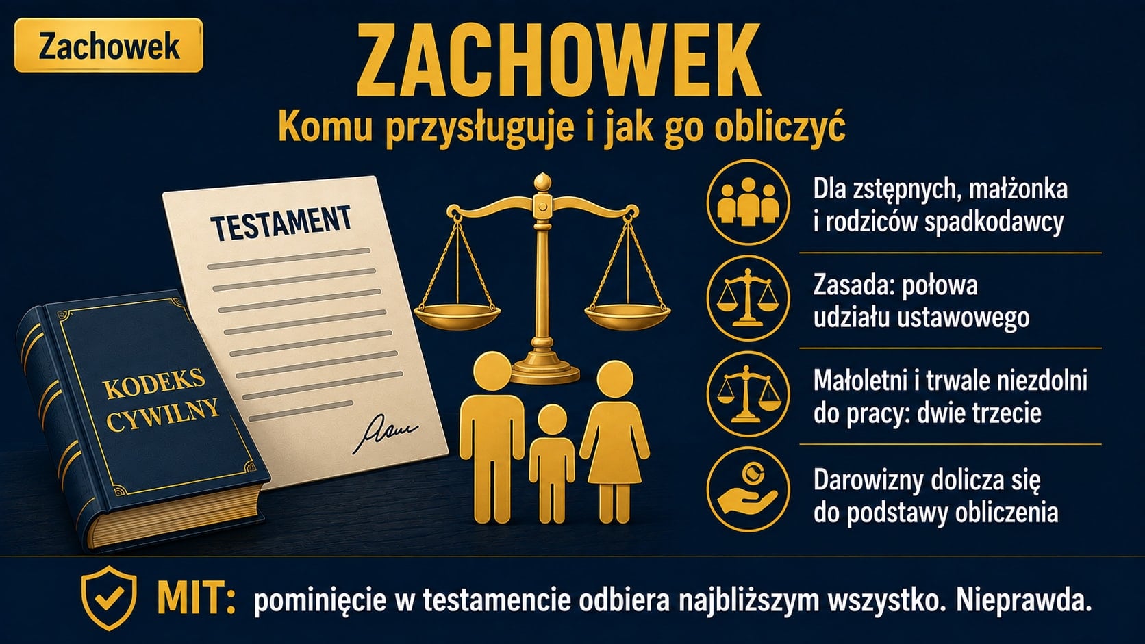 Infografika o zachowku: testament, waga i Kodeks cywilny. Zachowek dla zstępnych, małżonka i rodziców wynosi połowę udziału ustawowego, a dwie trzecie dla małoletnich i trwale niezdolnych do pracy.