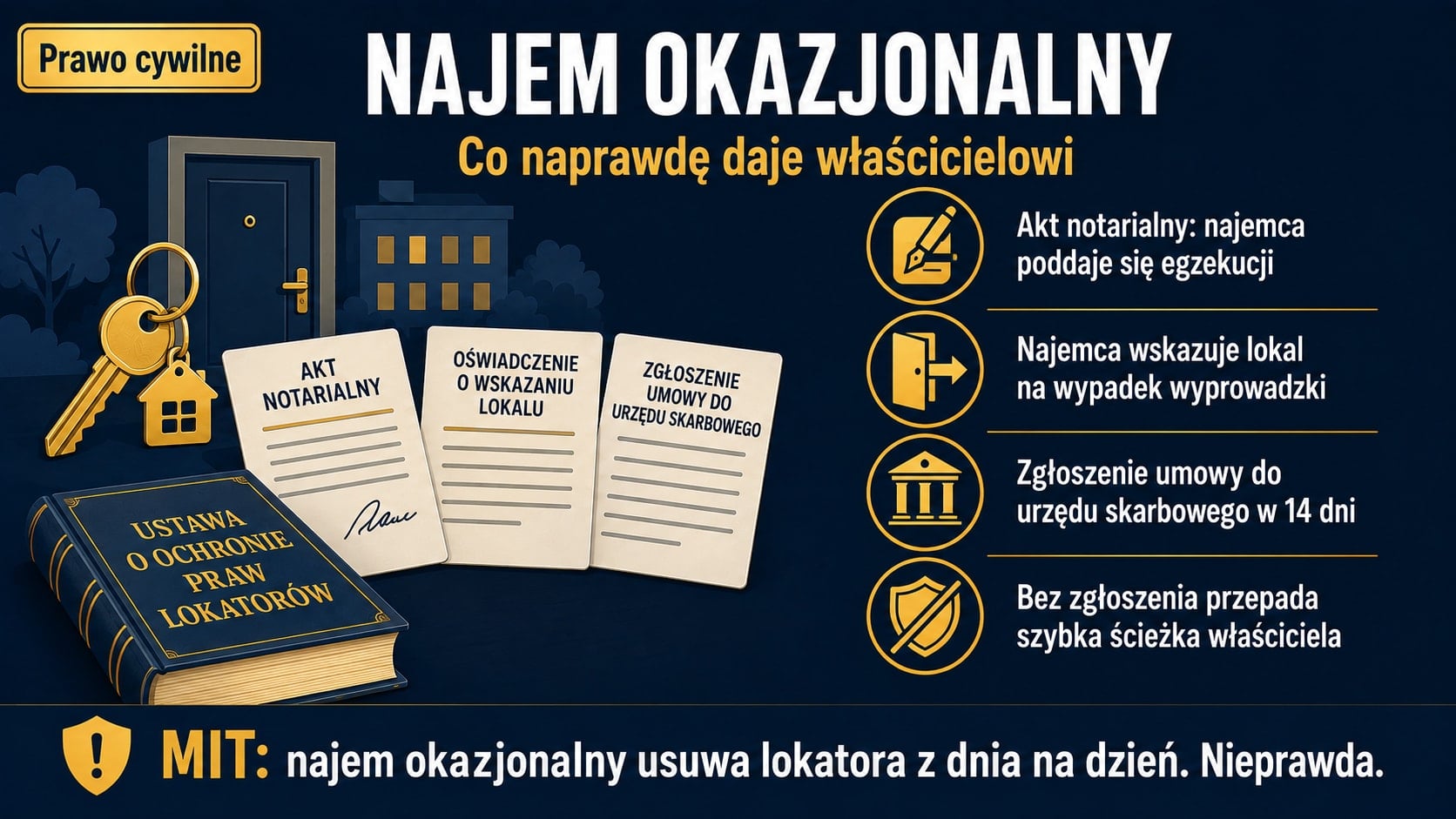 Infografika o najmie okazjonalnym: klucze do mieszkania i trzy załączniki umowy, akt notarialny o poddaniu się egzekucji, oświadczenie o wskazaniu lokalu oraz zgłoszenie umowy do urzędu skarbowego w 14 dni.
