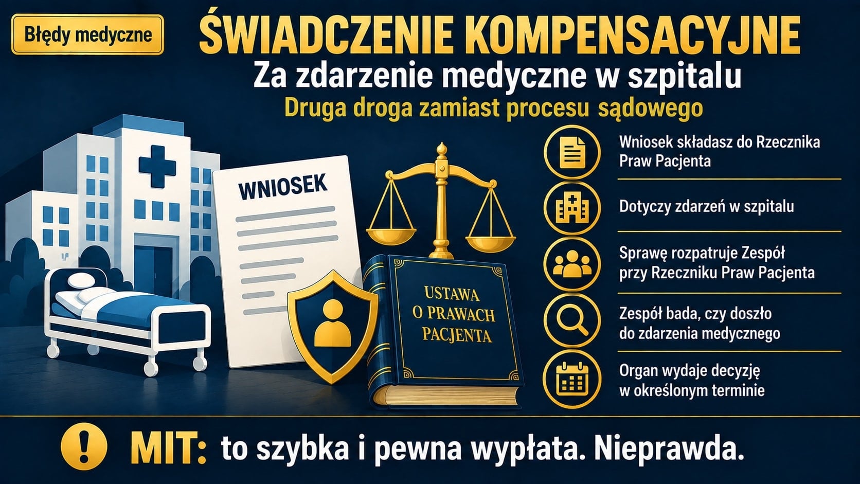 Infografika o świadczeniu kompensacyjnym za zdarzenie medyczne w szpitalu: bryła szpitala z łóżkiem, wniosek i waga, obok punkty o wniosku do Rzecznika Praw Pacjenta, Zespole przy Rzeczniku i decyzji organu.
