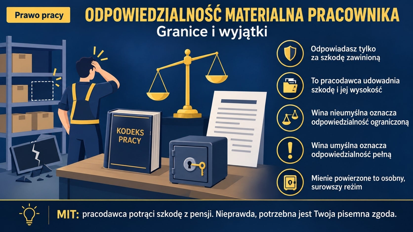 Infografika o odpowiedzialności materialnej pracownika: odpowiadasz tylko za szkodę zawinioną, dowód obciąża pracodawcę, wina nieumyślna oznacza odpowiedzialność ograniczoną, a mienie powierzone to surowszy reżim.