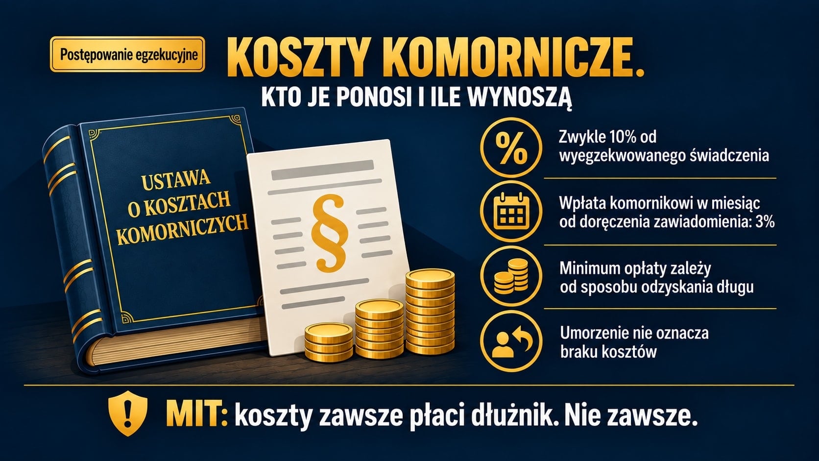 Infografika o tym, od czego zależą koszty komornicze. Pokazuje stawkę 10%, warunek wpłaty komornikowi dla 3%, minimum opłaty i koszty umorzenia. Obok widnieją księga ustawy, dokument i monety.