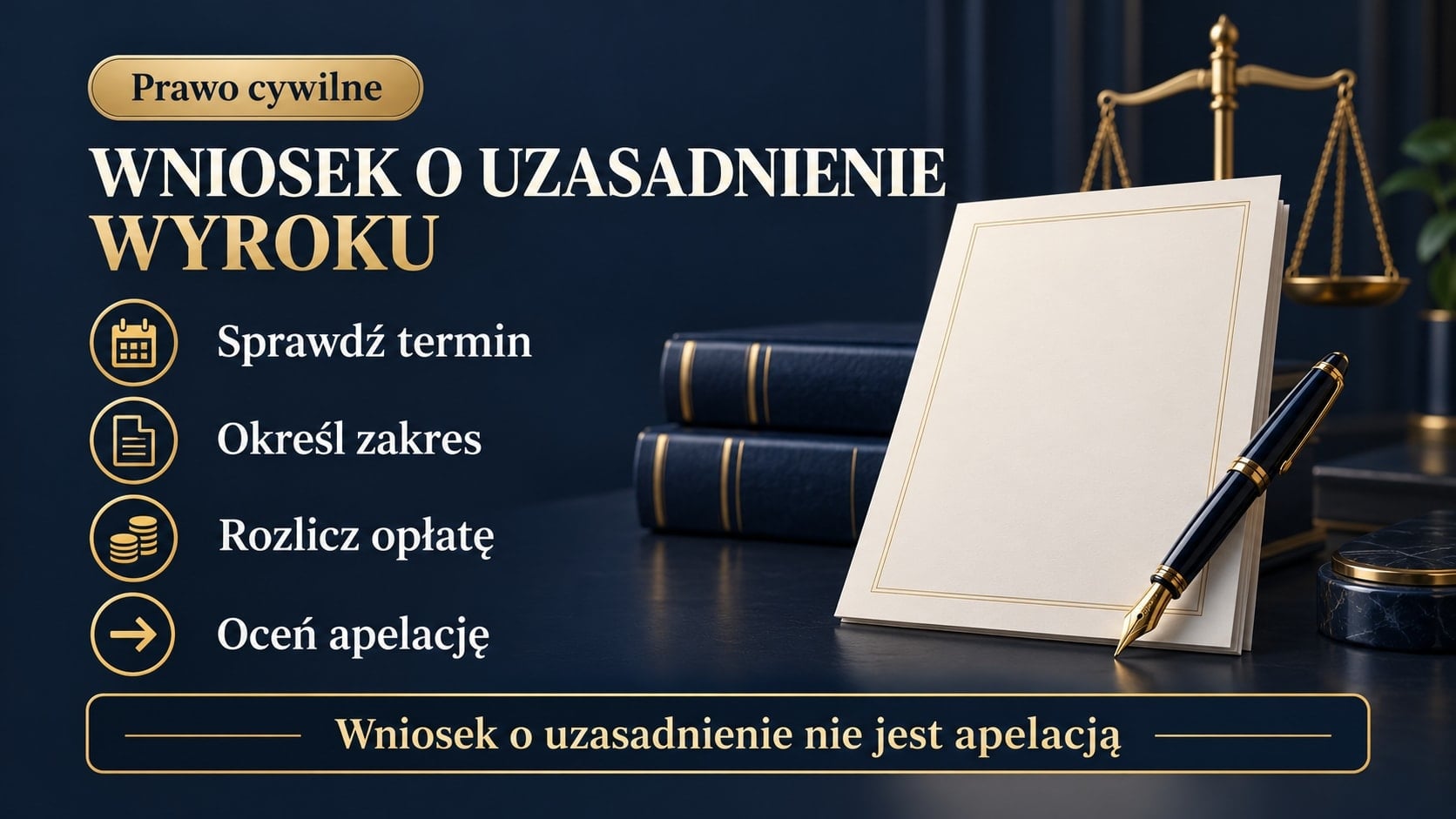 Infografika przedstawiająca wniosek o uzasadnienie wyroku w sprawie cywilnej. Cztery punkty wskazują termin, zakres pisma, opłatę i apelację. Towarzyszą im symbole kalendarza, dokumentu, monet i strzałki.